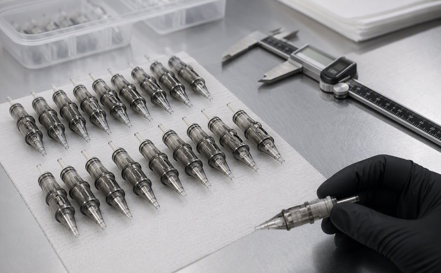 Tattoo needle cartridges inspected with a digital caliper during quality control