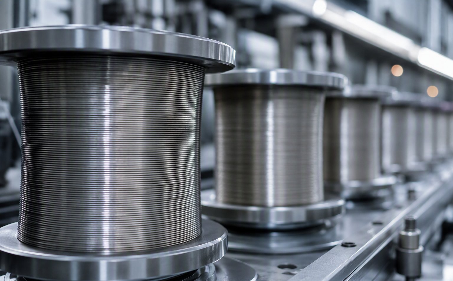 Spools of fine stainless steel needle wire in a precision factory